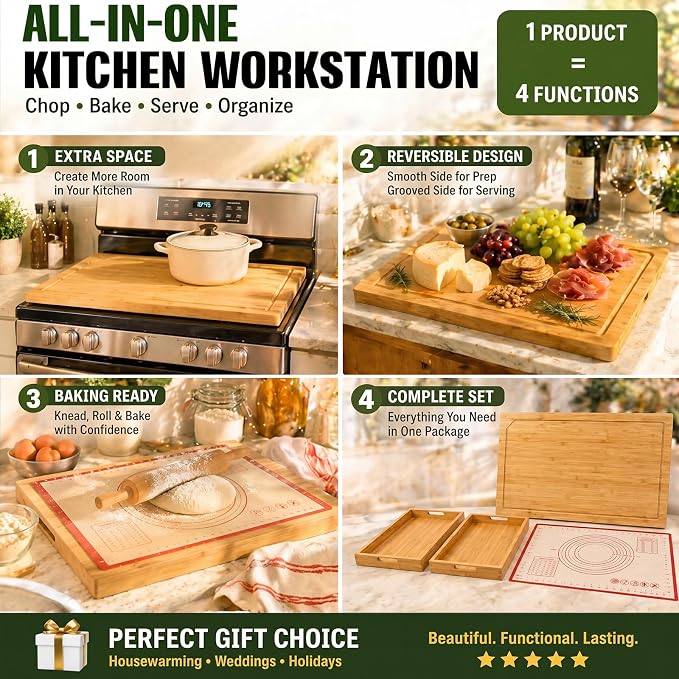 Bamboo Noodle Board Stove Top Cover 30x22 in Reversible 4-Piece Set | Wooden stovetop cover for gas & electric stove, cutting board with juice groove & handles, silicone mat, 2 trays, 8 pads