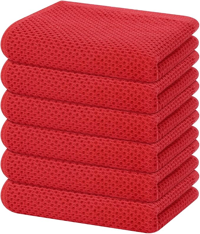 Homaxy 100% Cotton Waffle Weave Kitchen Dish Towels 6-Pack, Red | 13 x 28 Inches, Ultra Soft Absorbent Dish Towels, Quick Drying Cleaning Towels
