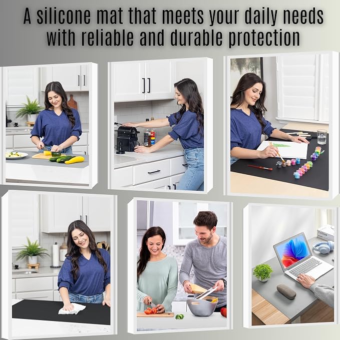 Silicone Mat for Kitchen Counter with "Edge Protection" – Quartz Countertop Protector Mats – Silicone Heat Resistant Mat – No Folds or Wrinkles – 1.5mm Thick, 24"x16", Gray