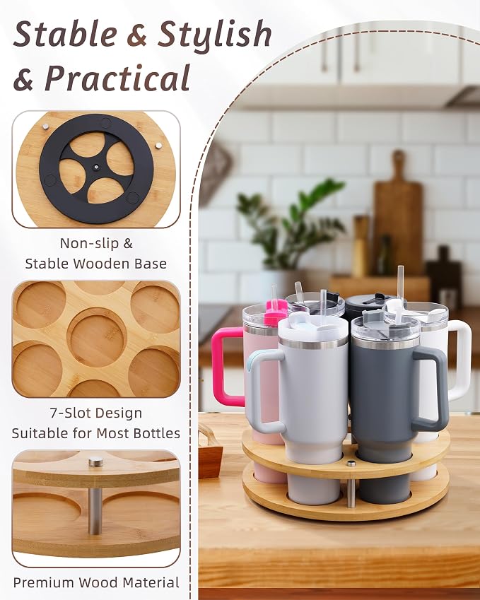 2Pack Rotating Wood Tumbler Organizer, 30 oz 40 oz Spinning Turnable Tumblers Holder, 360° Rotatable 7 Large Cups Bottle Tumbler Storage Display Stand, Rotate Syrup Organizer for Cabinet Countertop