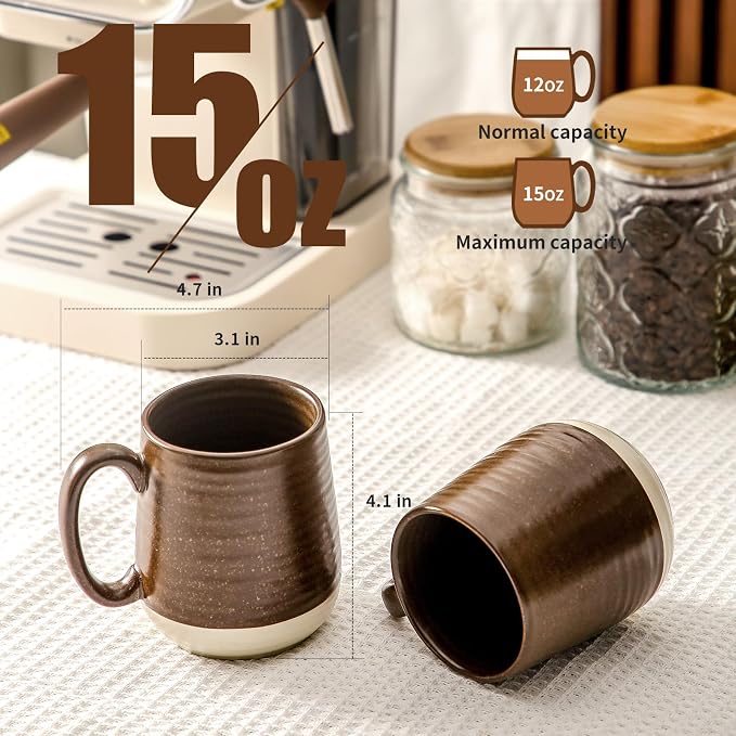HASENSE Ceramic Coffee Mug Set of 4, 15 oz Coffee Cups with Big Handles, Large Latte Mugs for Men and Women, Christmas Cups for Tea, Hot Cocoa, Latte, Cappuccino, Dishwasher Microwave Safe, Brown