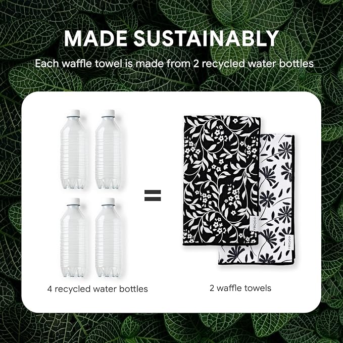 RECYCO Waffle Kitchen Towel Set of 2 - Quick Dry Microfiber Sustainable Dish Towels - Ultra Absorbent Reusable Cleaning Tea Towels - Lightweight Hand Towels,16”x 28”, Black & White Florals