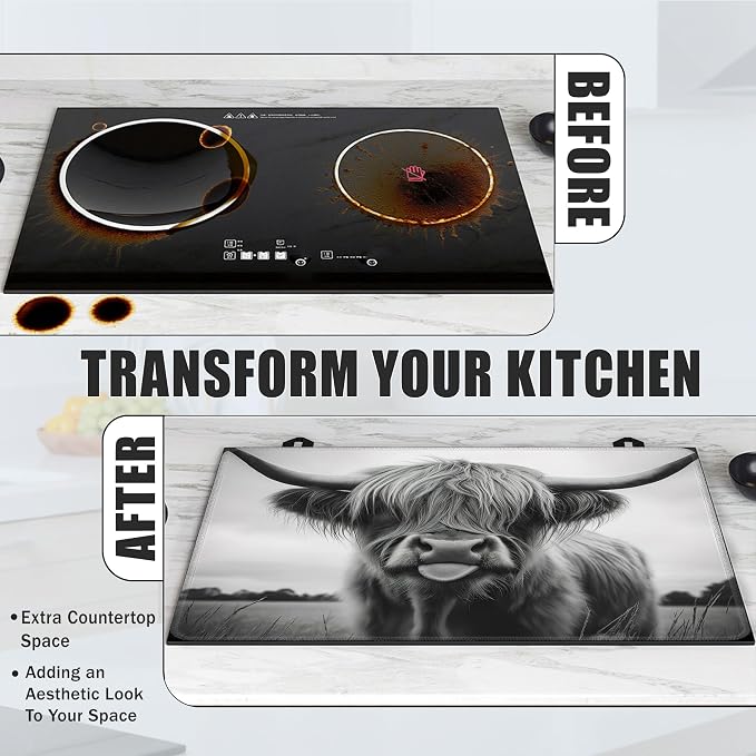Stove Top Covers for Electric Stove,Highland Cow Flat Top Stove Cover,Rustic Farmhouse Heat Resistant Glass Top Stove Cover Protector Anti-Slip Range Covers, 28 x 20 Inch