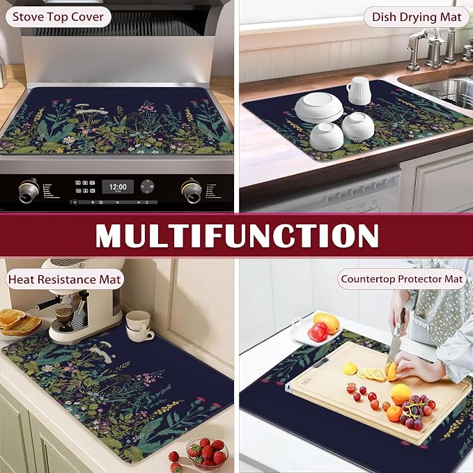 Herbs and Wild Flowers Stove Top Cover for Electric, Glass Ceramic Stove Cover, Heat Resistant Flat Stovetop Protector, Dish Drying Mats for Kitchen