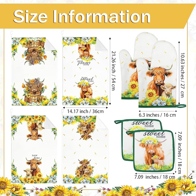 8 PCS Highland Cow Kitchen Decor and Accessories, 4 Dish Towels Set 2 Oven Mitts and Pot Holders Sets for Cooking Baking Home Sweet Home Sunflower Cattle Watercolor Farmhome
