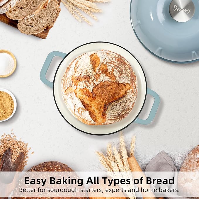 Davivy Round Enameled Cast Iron Bread Oven, 5QT Sourdough Dutch Oven, Dutch Oven for Sourdough Bread Baking Dome,Sourdough Pan Bread Cloche - Sea Salt