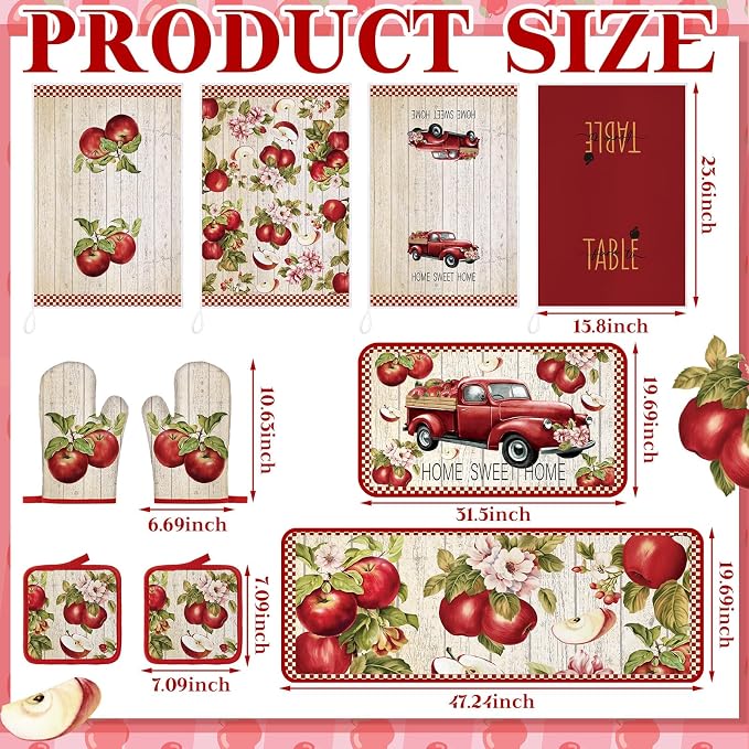 Fourluoo 10 Pcs Apple Farmhouse Kitchen Decor Set Dish Towels Kitchen Rugs Oven Mitts and Pot Holders Set for Cooking Baking Grilling Women Mom Daughter Gift (Fruit Color)