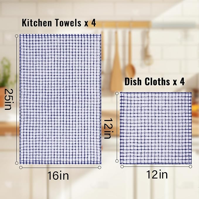 Homaxy Kitchen Towels and Dishcloths Set, Set of 16, Blue | Cotton Terry Kitchen Dish Towels, Super Soft and Absorbent Dish Cloths, 16 x 25 and 12 x 12 Inches