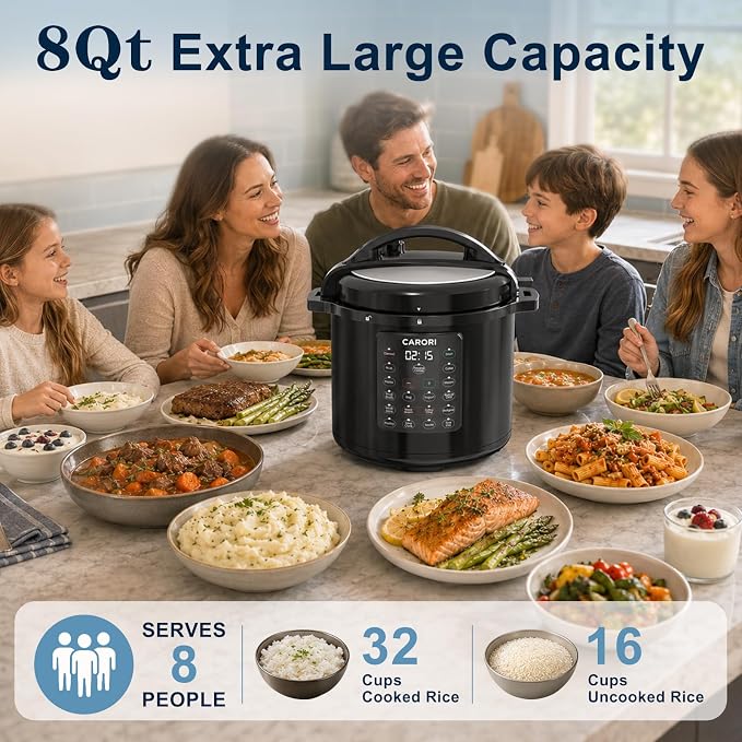 8Qt Electric Pressure Cooker 12-in-1, 1200W Stainless Steel Multi-Cooker, Slow Cook, Rice Cook, Steamer, Sauté, Yogurt Maker, Warmer & Sterilizer, Safer Venting Design with Recipe Book, Black