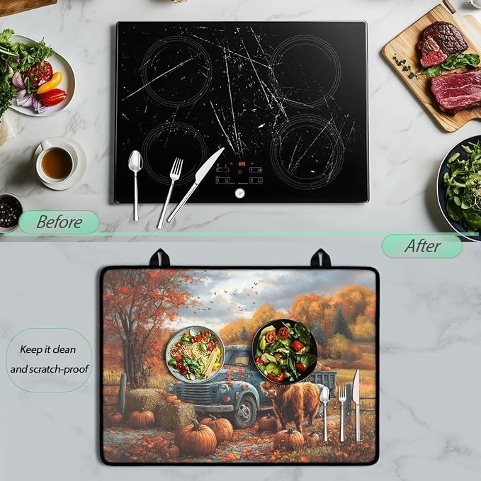 Cattle Pumpkin Cat Stove Top Covers for Electric Stove, Heart Resistant Dish Drying Mat for Kitchen, Non-Slip Dust-proof Mat for Glass Stove Top, Thanksgiving Decorations