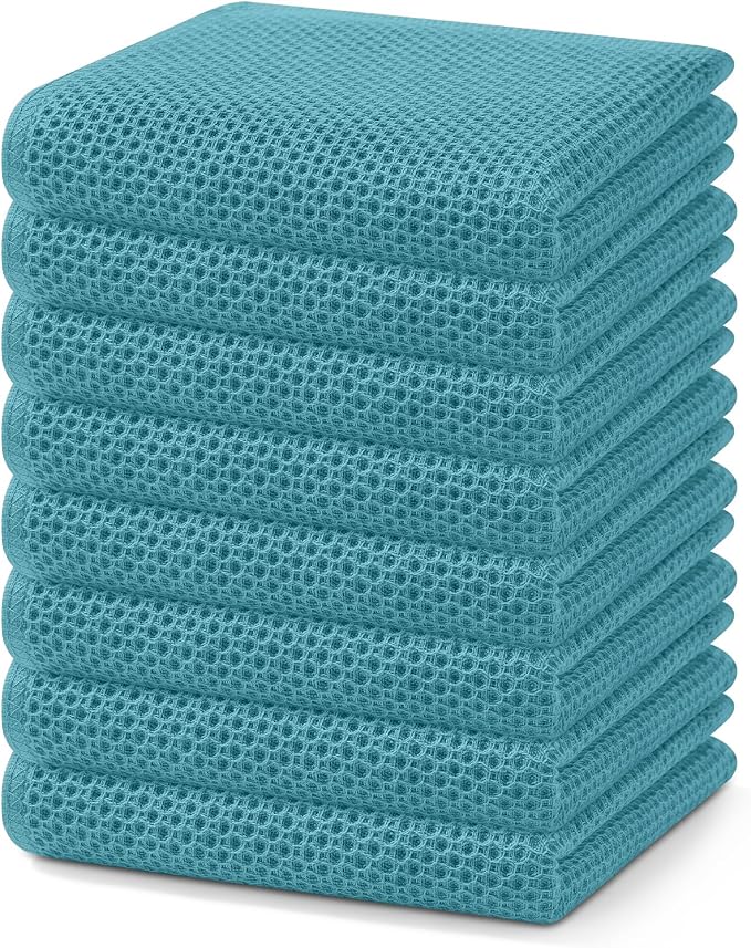 Homaxy 100% Cotton Waffle Weave Kitchen Dish Towels 8-Pack, Lake Blue | 13 x 28 Inches, Ultra Soft Absorbent Dish Towels, Quick Drying Cleaning Towels