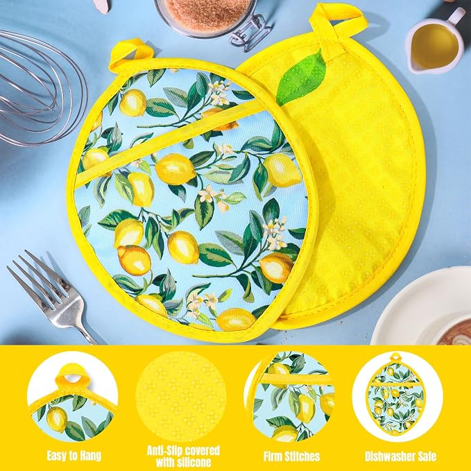AnyDesign 2Pcs Lemon Floral Pot Holders Light Blue Lemon Shaped Heat Resistant Cotton Hot Pad Non-Slip Potholder Oven Mitt Trivet Mat for Summer Kitchen Cooking Baking, 7 x 9 Inch