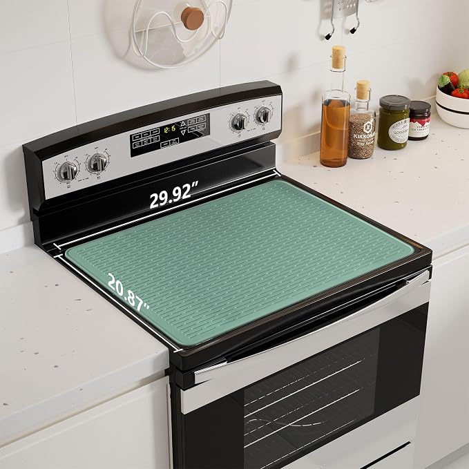 Stove Top Cover for Electric Stove - Food Grade Ceramic Stove top Cover, Silicone XXL Dish Drying Mat, Glass Cooktop Covers, Flat RV Range top Mats (Green,30x21)