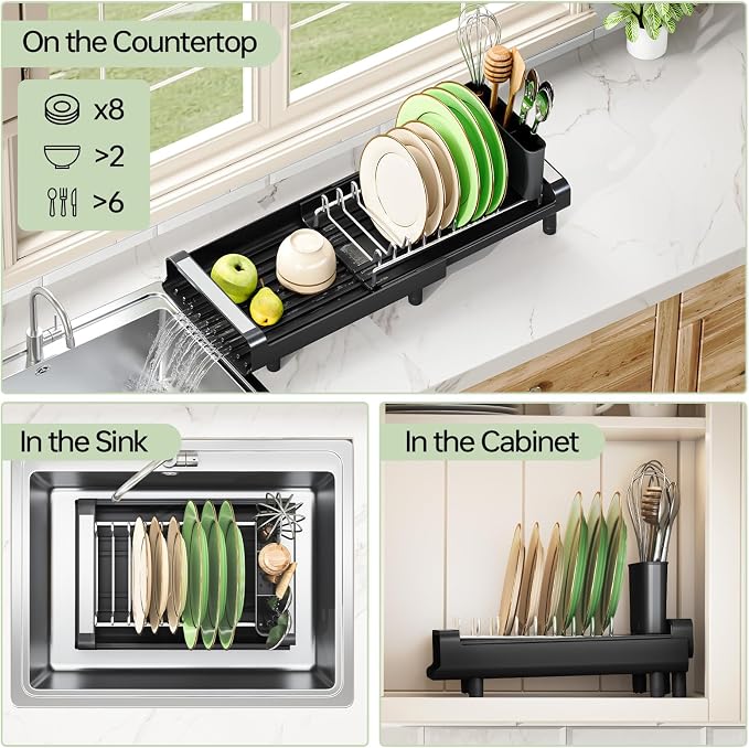 TOOLF Small Dish Drying Rack, Expandable and Space-Saving, Matte Black | Mini Dish racks for kitchen counter, Compact Design Fits Sink or Counter, Stainless Steel Plate Rack, 11"-19.3"L×7.7"W×3.54"H