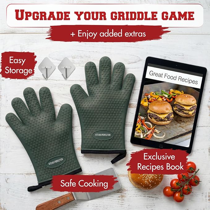 KITCHEN PERFECTION Silicone Griddle Grill Gloves Heat Resistant Oven Mitts | Waterproof, 5-Finger Design For A Better Grip, Best Griddle Grilling Accessories, Compatible with Blackstone, Weber & More