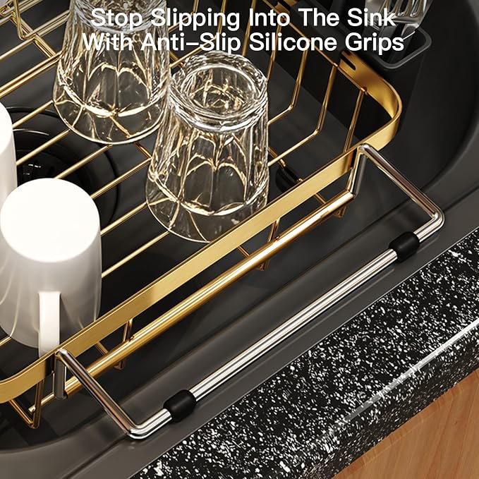 Gold Dish Drying Rack Over The Sink with Utensil Holder | Expandable Stainless Steel Dish Drainer for Small Kitchen, Apartment, RV, Counter Space Saving, Perfect Fit, Rustproof