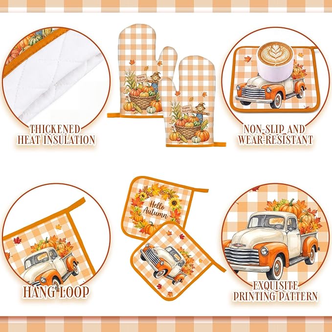 Fourluoo 10 Pieces Fall Thanksgiving Kitchen Decor Set Fall Pumpkin Towels Oven Mitts Pot Holders Rugs Farmhouse Rustic Kitchen Set for Chef Baking Cooking Grilling BBQ Women Mom Gift