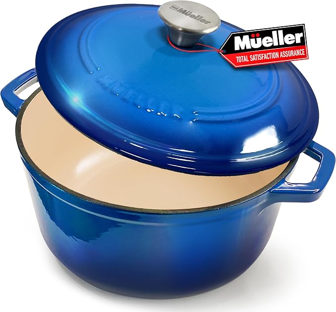 MUELLER HOME 7.5 QT Enameled Cast Iron Dutch Oven, Heavy-Duty Casserole Dish and Braiser Pan with Lid and Stainless Knob, Oven-Safe up to 500° F & Across All Cooktops, Aqua Blue | Heavy-Duty Casserole Dish and Braiser Pan, Lid with Stainless Knob, Oven...