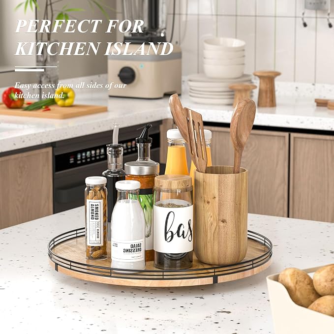 AMH 18-Inch Extra Large Farmhouse Oak Lazy Susan Organizer | Smooth rotating oak tray with walnut finish for dining tables, kitchen counters, pantries and cabinet storage.