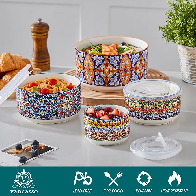 vancasso SIMI Serving Bowls with Lids, Ceramic Mixing Bowls Set of 4, Boho | Nesting Bowls for Food Storage, Prep, Stackable Bohemian Bowls, Dishwasher & Microwave Safe Gift Set, 60/36/20/10 OZ