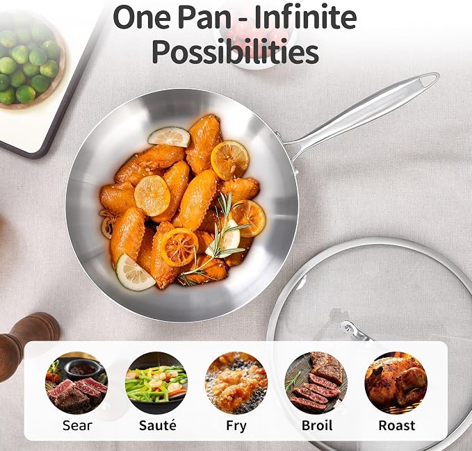 8-10-12-14'' Frying Pan Set with A Lid | Tri-Ply Stainless Steel Skillet | Fast & Even Heating | Stay-Cool Detachable Handle | Dishwasher and Oven Safe | Induction Ready | For Modern Home Kitchens