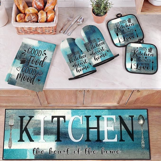 10 Pcs Kitchen Decor and Accessories Set, Farmhouse Teal | 4 Dish Towels Kitchen Rugs 2 Oven Mitts 2 Pot Holders, Home Decor for Cooking Baking BBQ Gifts Women Mom Housewarming