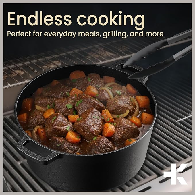 Bakken 2-in-1 Cast Iron Dutch Oven Pot with Skillet Lid, 5QT Pre-Seasoned Dutch Oven for Bread Baking, Roasting & Campfire Cooking, Heavy-Duty Indoor & Outdoor Use with Easy-Grip Dual Handles