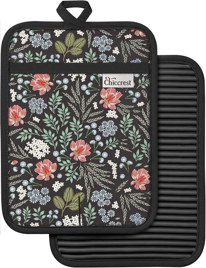 100% Thick Cotton Pot Holders Ribbed Soft Silicone Bright Flower | Stylish Pot Holders with Pockets, Ribbed Soft Silicone, Machine Washable Non-Slip Heat Resistant Hot Pads 2pcs, Kitchen Gift