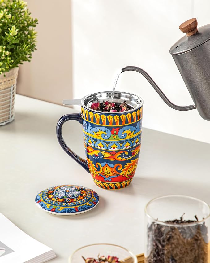 vancasso 18 Oz Tea Infuser Mug with Lid, Midnight Peacock | Eye-Catching Bohemian Pattern, Adds Charm to Any Tea Corner, Ceramic Mug with Infuser, Microwave and Dishwasher Safe