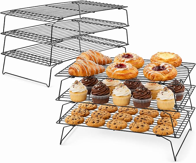 Kingrol 6-Piece Stackable Cooling Racks for Baking, Two 3-Tier Sets | Nonstick-Coated Steel, Foldable Legs, Stacked or Separate Use, Ideal for Cookies, Cupcakes, Pastries, Pies, and Cake Layers