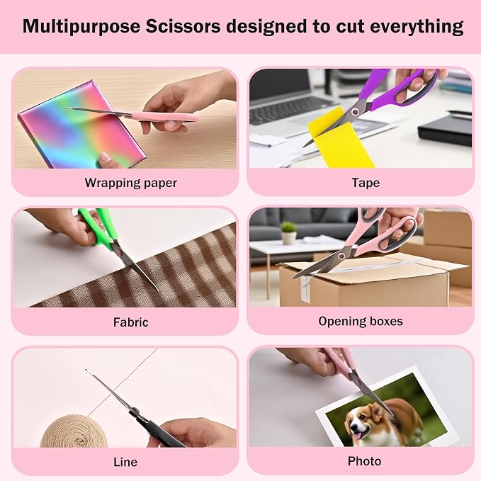 Scissors, 6 Pack 8" All Purpose Comfort-Grip Sharp Shears for Everyday Use | Stainless Steel Scissor for Office School Classroom Craft Sewing Art Supplies, High/Middle Student Teacher, Right/Left Handle