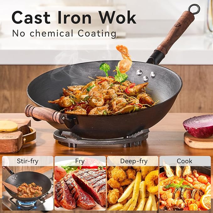 WANGYUANJI 12.6" Cast Iron Wok with Glass Lid, Flat Bottom | Uncoated cast iron wok with glass lid for stir-frying on induction, gas and electric stoves.