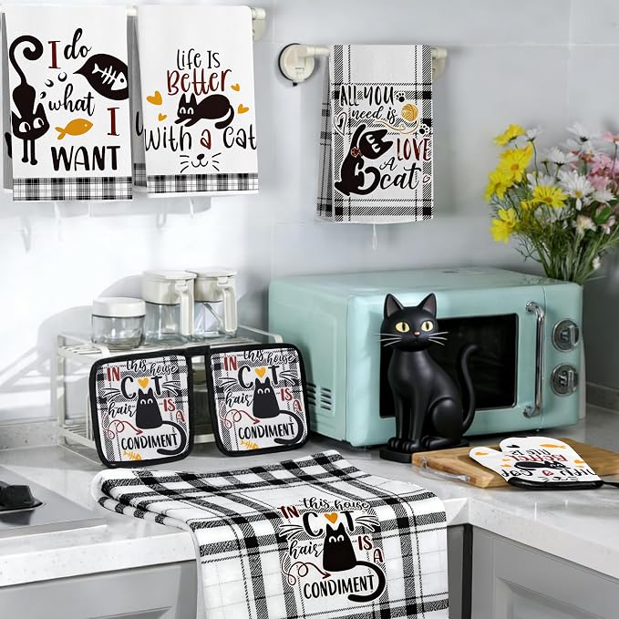8 PCS Black Cat Decor Kitchen Decor and Accessories - 4 Dish Towels Set 2 Oven Mitts and Pot Holders Sets for Cat Lover Cooking Baking Cute Kitty Kitten Plaid Lightweight