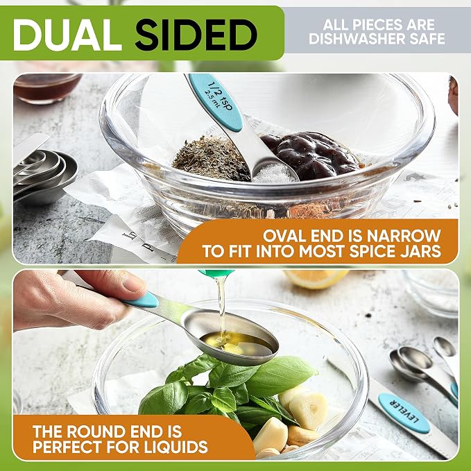 Spring Chef Magnetic Measuring Cups & Spoons Set of 15, Patented, Aqua Sky | Stackable Stainless Steel Measuring Cups & Heavy Duty Metal Measuring Spoons with Levelers for Dry & Liquid Ingredients