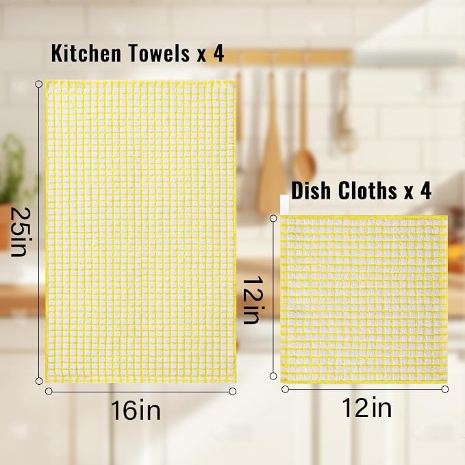 Homaxy Kitchen Towels and Dishcloths Set, Set of 8, Yellow | Cotton Terry Kitchen Dish Towels, Super Soft and Absorbent Dish Cloths, 16 x 25 and 12 x 12 Inches