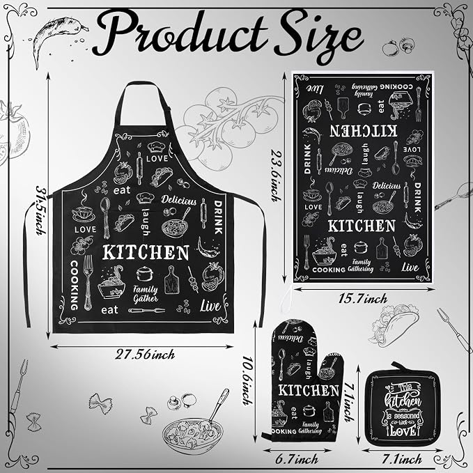 7 Pcs Kitchen Towels Oven Mitt and Pot Holder Apron Kitchen Decor Birthday Party Gifts (Cooking Meal Theme)
