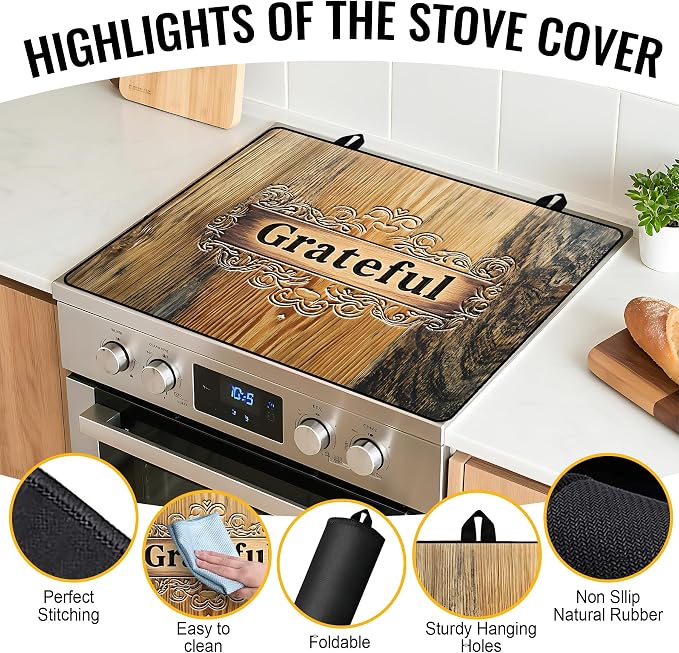 NYZE Electric Stove Top Cover, Cooktop Protector for Extra Counter Space, Heat Resistant & Non-Slip Kitchen Mat - Rustic Wood Grateful, 28" x 20"