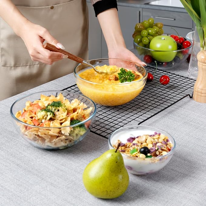 NUTRIUPS 7 Inch Medium Glass Bowls Set of 2, 37oz Glass Serving Bowl Set, Clear Tempered Glass Salad Bowls for Kitchen Microwave and Oven Safe (7 inch, Set of 2)