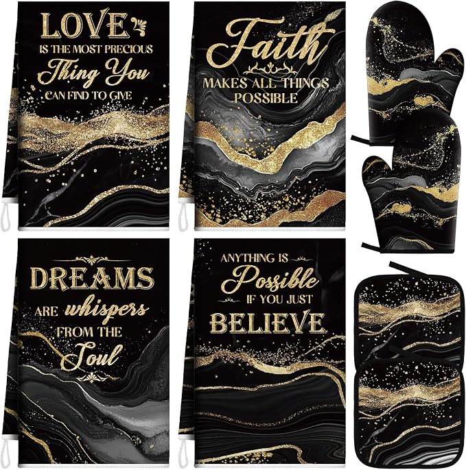 Leinuosen 8 Pcs Black and Gold Marble Kitchen Towels and Dishcloths Sets Oven Mitts and Pot Holders Absorbent Kitchen Gloves Potholders Heat Resistant for Chef Baking Cooking