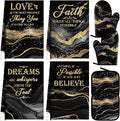 Leinuosen 8 Pcs Black and Gold Marble Kitchen Towels and Dishcloths Sets Oven Mitts and Pot Holders Absorbent Kitchen Gloves Potholders Heat Resistant for Chef Baking Cooking