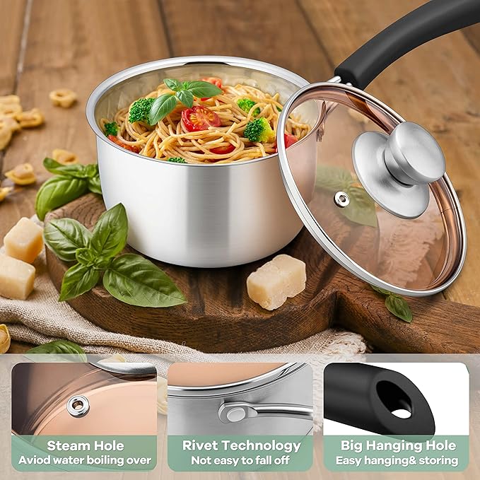 Herogo Saucepan Set with Lid, 1 Quart & 2 Quarts & 3 Quarts 18/10 Stainless Steel Sauce Pan Pot, Small Cooking Pot for Home Kitchen, Dishwasher Safe