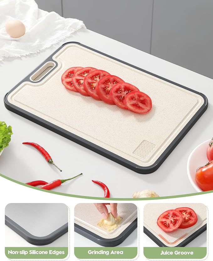 Stainless Steel Cutting Board for Kitchen, Non Toxic Double Sided Cutting Board, Food Grade Pure Stainless Steel & Wheat Straw PP, Meat & Vegetable Chopping Boards, Scratch Resistant, Large 16”×11”