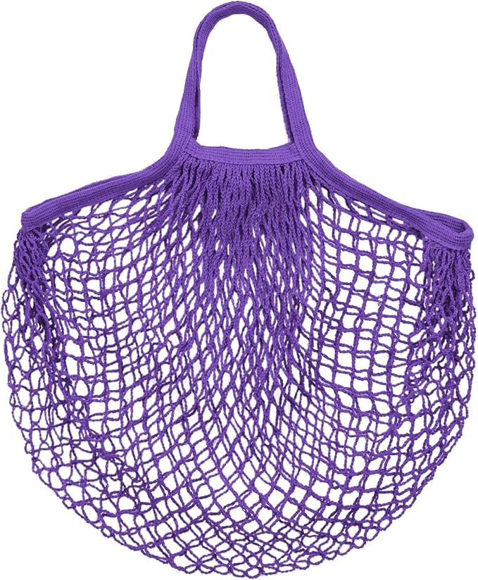 M METERXITY 1-Pack Cotton Mesh Bag, Reusable Washable Mesh Net String Grocery Bags, Reusable Produce Bags with Handle, Net Tote Bag for Fruits/Vegetables Shopping [Purple, Short Handle]