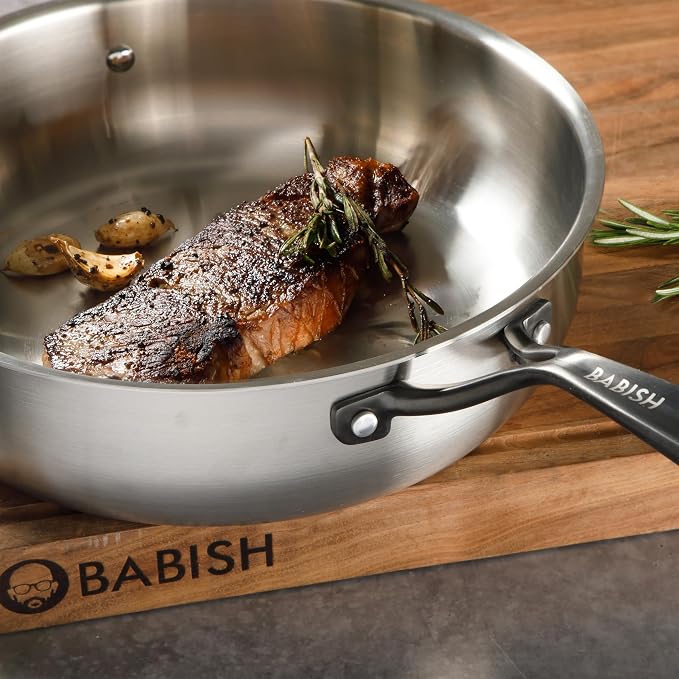 Babish 5-Qt Stainless Steel Sauté Pan with Lid – Heavy Duty Nonstick-Ready, Oven & Induction Safe, Everyday Kitchen Cookware