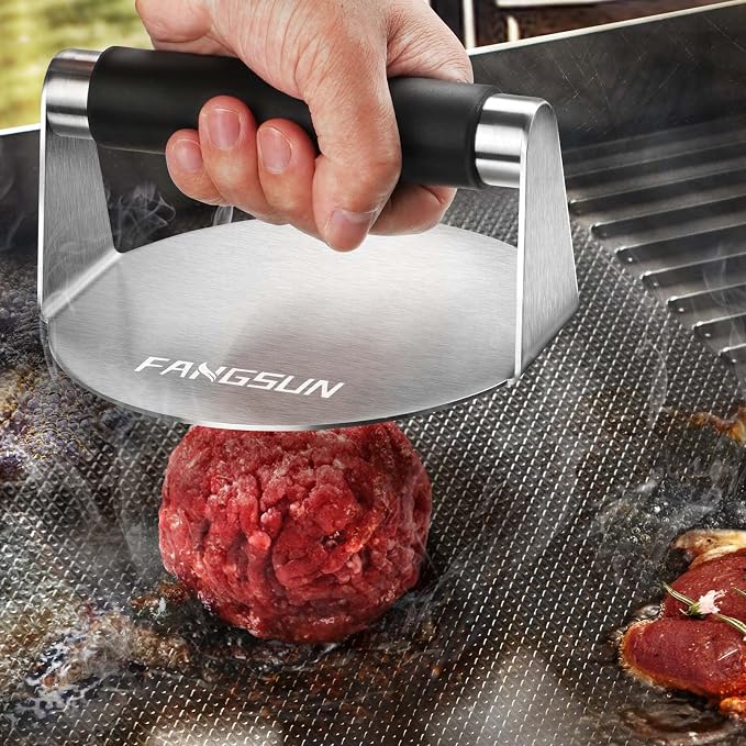 FANGSUN Stainless Steel Burger Press, 5.8 Inch Burger Smasher for BBQ | Heat-Resistant Handle, Dishwasher Safe, Easy Cleanup, Round Flat Base, Smooth Surface, Griddle & Flat Top Grill Use