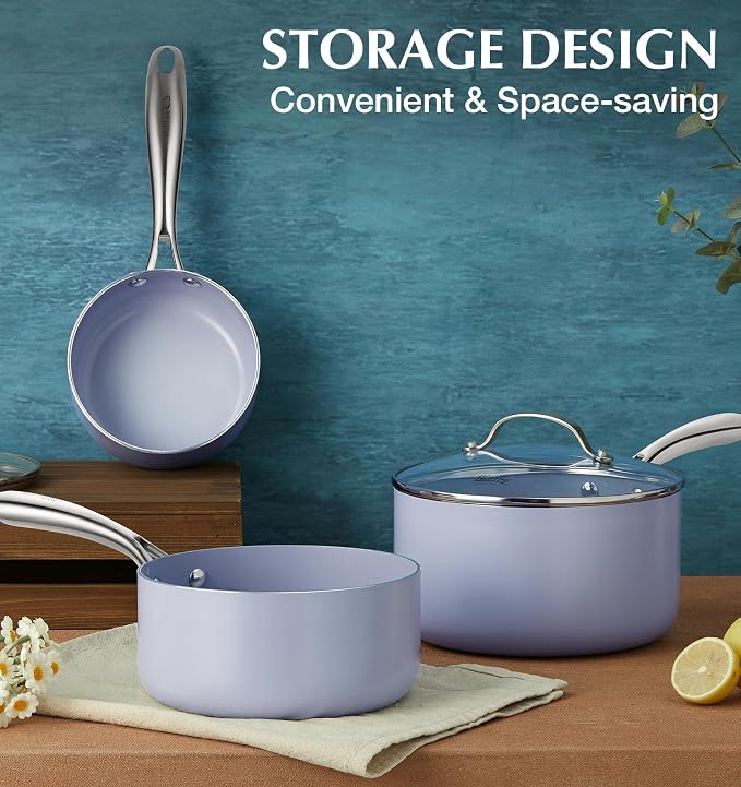 KOCH SYSTEME CS Nonstick Sauce Pan with Lid, 1 Quart Saucepan with Lid, 1 QT Nonstick Ceramic Small Sauce Pan with Stainless Steel Handle, Non-Toxic Ceramic Saucepan, Oven Safe, Purple