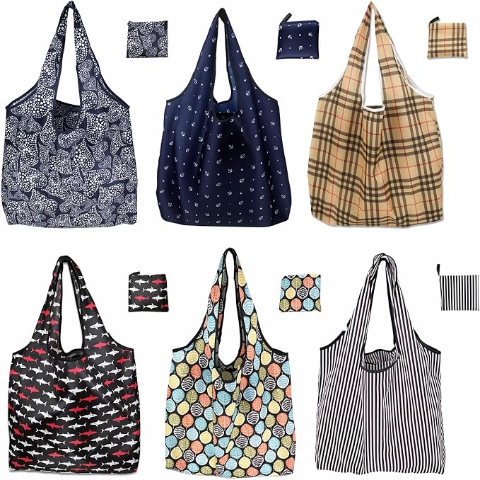 Foldable Reusable Shopping Bags,6 Pack Heavy Duty Tote for Grocery | Lightweight Polyester, machine washable. Compact fold fits in purse. Sturdy 50lb capacity. Great for groceries&travel,Beach