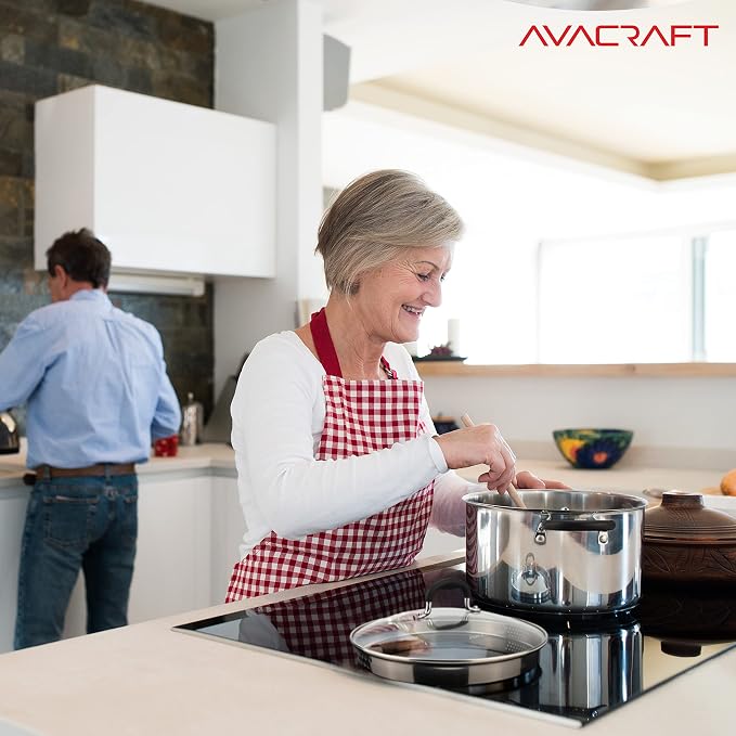AVACRAFT 6 Quart Stainless Steel Stock Pot with Glass Strainer Lid | 5-Layer Capsule Base, Tempered Glass Strainer Lid, Drip-Free Pour Spouts, Induction Compatible, Dishwasher Safe