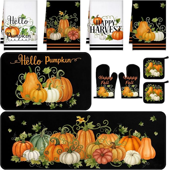 Fanfanwin 10 Pcs Fall Pumpkin Kitchen Decor and Accessories Set Kitchen Towels Pot Holders Oven Mitts and Rugs Sets for Home Autumn Decorations Cooking Baking Housewarming Gifts