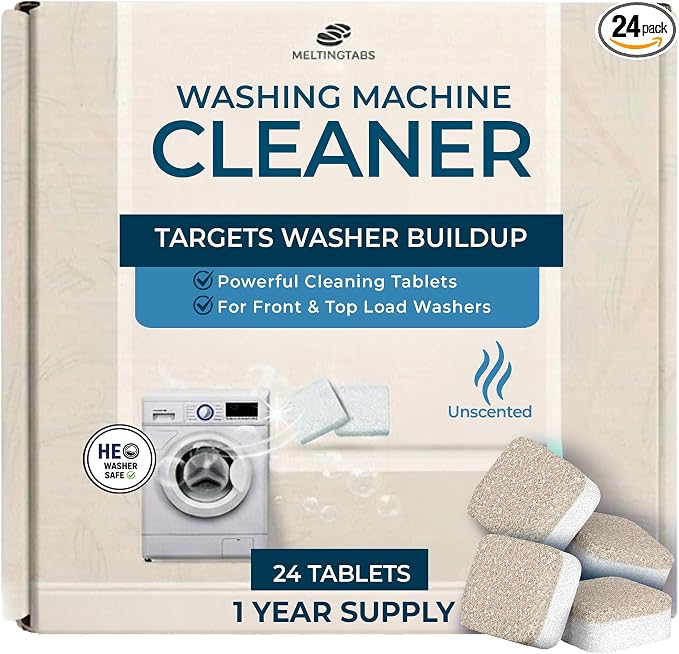 Washing Machine Cleaner Tablets, Unscented, 24 Pack | Fragrance free. Removes detergent buildup, hard water deposits, grime & odor residue. HE, front load, top load. 24 tablets.